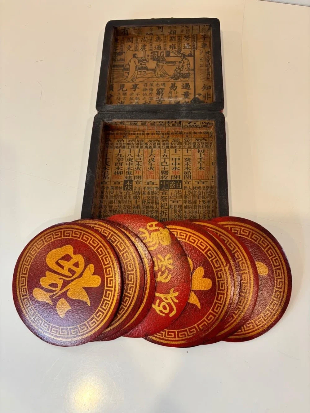Vintage Chinese Red Lacquered Wood Coaster Set 8 Pcs Dragon Phoenix Case